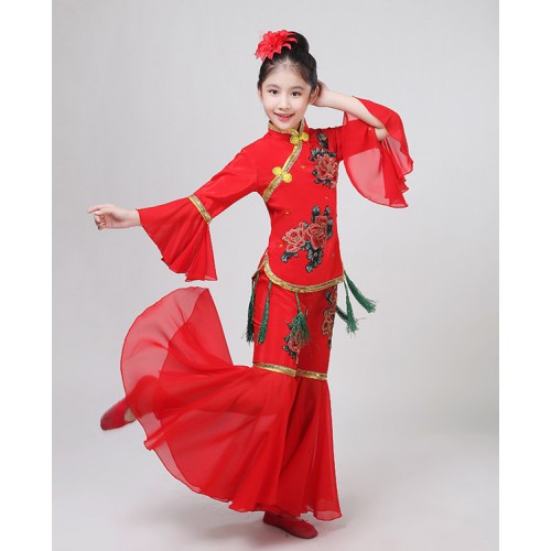 Girls chinese folk dance costumes yangko fan umbrella dance dress hanfu fairy ancient traditional classical dance costumes